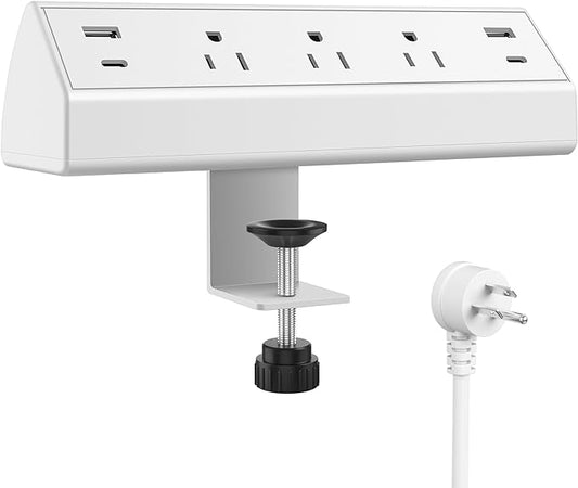 Jgstkcity Desk Clamp Power Strip,40W Total Fast Charging Station,2 PD 20W USB C Ports,Desk Edge Mount Surge Protector for Home, Office,3 Outlets,Fit 1.96" Tabletop Edge,ETL Listed,White