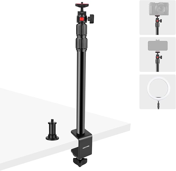 Camera Desk Mount Table Stand with 360° Ball Head, Table Light Stand with 1/4" Screw & C Clamp, Webcam Stand Mount for DSLR Camera Video Light Ring Light Live Streaming Vlog (811002)