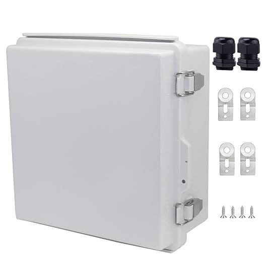 IP67 Waterproof Junction Box, ABS Plastic Electrical Enclosure with Stainless Steel Latch, Hinged Cover Electric Box with Mounting Plate, Wall Brackets & Cable Glands 210x210x100
