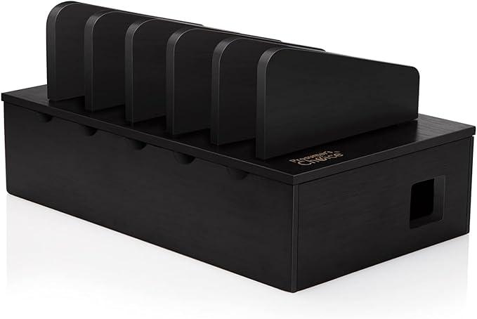 Prosumer's Choice Natural Bamboo Device Charging Station for Multiple Devices | Desk Dock Organizer for Cell Phone, Tablet, Apple iPhone, iPad | with Removable Dividers - Black
