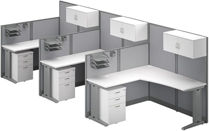 Bush Business Furniture Office in an Hour 3 Person L Shaped Cubicle Desks with Storage, Drawers, and Organizers in Pure White | Triple Workstation Set with Privacy Panels for Commercial Workspace