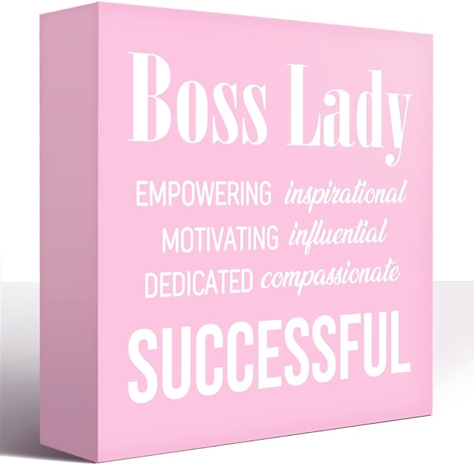 LVQHI Pink Office Desk Accessories, Boss Lady Sign Wooden Box, Inspirational Desk Decor For Hr Women, Small Motivational Office Cubicle Table Decoration Signs Wall Decor 5"L x 5"W x 1.2"H