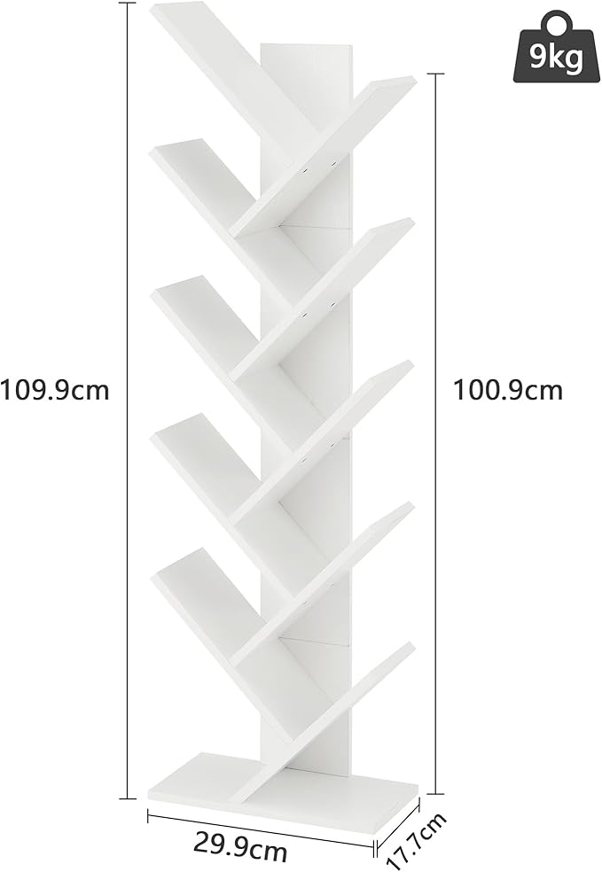 Hoctieon 10 Tier Tree Bookshelf, 10 Shelf Bookcase, Free Standing Tree Bookcase, Display Floor Standing Shelf for Books, Book Organizer Shelves for Home Office, Living Room, Bedroom, White