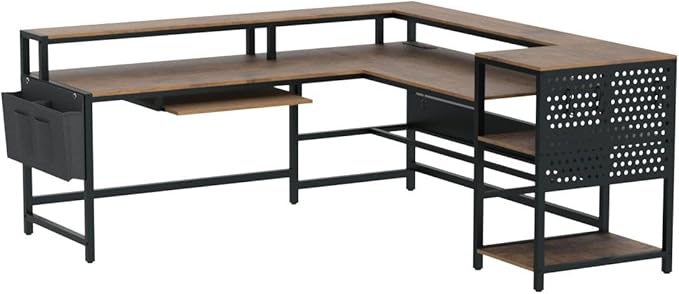 SEDETA L Shaped Computer Desk, Reversible Computer Desks, L Shaped Desk with Power Outlets & LED Strip, Monitor Shelf, Keyboard Tray, Pegboard and Storage Shelves for Home Office, Rustic Brown