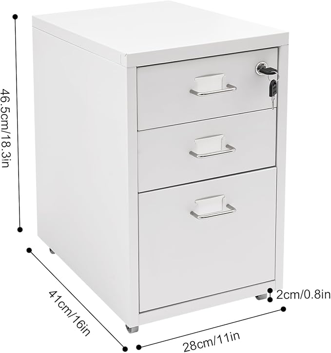 3 Drawer Mobile File Cabinet with Lock, Under Desk Rolling Filing Cabinets with Tag Jacks, Lockable Vertical File Cabinet for Home Office, Easy Assembly (White)