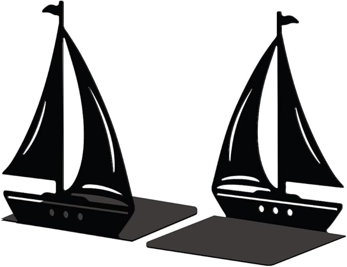 Peacoblue Metal Bookends for Shelves, Modern Decorative Heavy Duty Study Book Support Stoppers for Office, Desk, Shelf, Room 5.3"x4.3"x7" Cast Iron Simple Tall Bookends, 1 Pair (Sailboat)