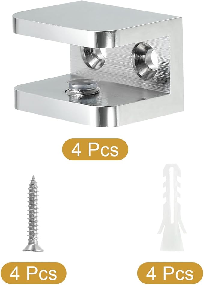 uxcell Glass Shelf Clamp, 4Pcs Brass Glass Clamp for 10-12mm Thick Glass, Adjustable Glass Shelf Bracket Support Holder, Silver