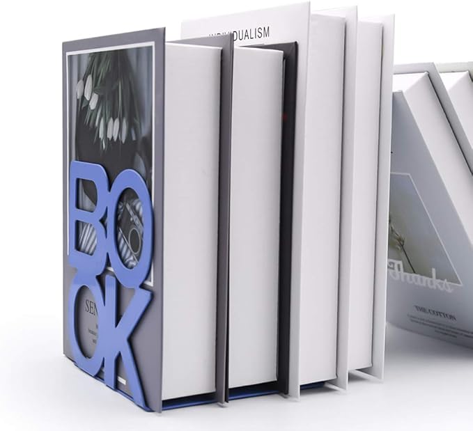 Book Ends - Decorative Metal Book Ends Supports for Bookrack Desk,Books, Unique Appearance Design,Heavy Duty (Blue, 8 Pair)