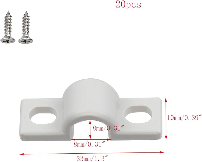 20pcs Wire Shelf Loop Clips White Two Holes Pipe Tube 0.31" U Bracket Clamps 8MM Conduit Pipe Strap Clamps for Wire Cable Tube (White, Fit for 8mm)