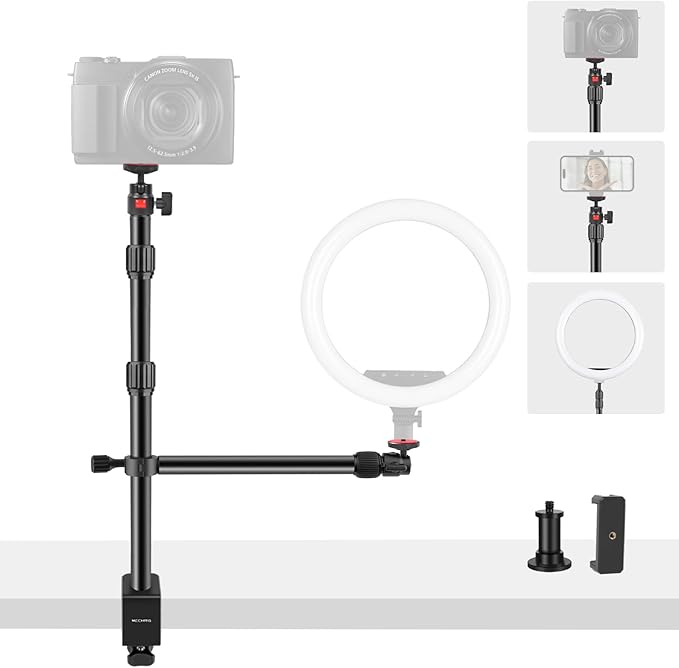 Camera Desk Mount Table Stand with Magic Arm & Ball Head, Table Light Stand with C Clamp, Webcam Desk Camera Mount for DSLR Ring Light Mic Live Streaming Vlog (811003)