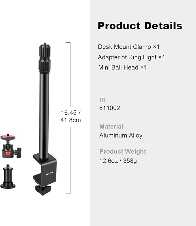 Camera Desk Mount Table Stand with 360° Ball Head, Table Light Stand with 1/4" Screw & C Clamp, Webcam Stand Mount for DSLR Camera Video Light Ring Light Live Streaming Vlog (811002)
