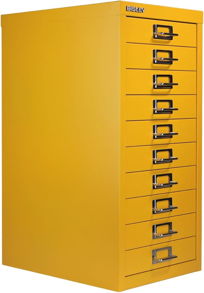 Bisley 10-Drawer Steel MultiDrawer Cabinet - Golden Sunflower Yellow, Chrome Pull Handles with Label Holders, Powder-Coated Steel, Removable Drawers, Fits Under Most Desks, Labels Included