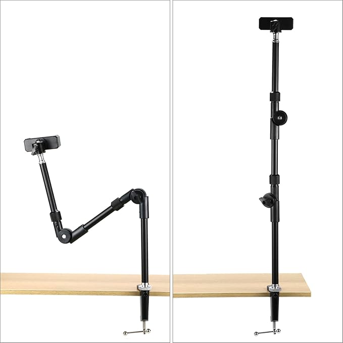 QWORK 25" Webcam Stand Camera Mount with Phone Holder, Gooseneck Camera Stand Desk Clamp & 5/8" Screw for Action Cameras, Projectors