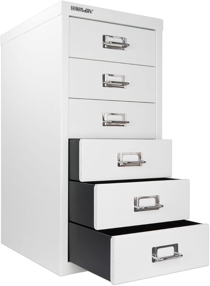 Bisley 6-Drawer Steel MultiDrawer Cabinet - Traffic White, Chrome Pull Handles with Label Holders, Powder-Coated Steel, Removable Drawers, Fits Under Most Desks, Labels Included