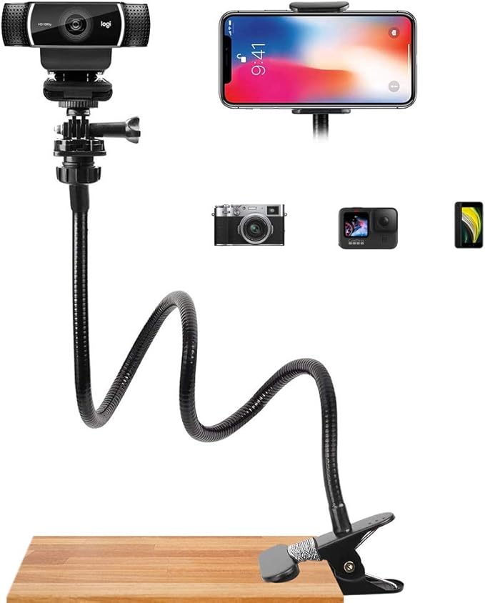 Webcam-Stand-Mount Phone Camera Desk-Clamp-Holder - 27 Inch Flexible Gooseneck Arm Mount Stand for Phone Gopro Hero Webcam C922 C930 C930e C920 Brio 4K C615 C922x C925e C920s C270 C310