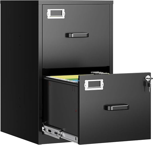 2 Drawer File Cabinet with Lock, Metal Filing Cabinets for Home Office, Vertical Black Small Caninet for Home Office, Steel Narrow Two Drawer File Cabnet for Letter/File Box- Assembly Required
