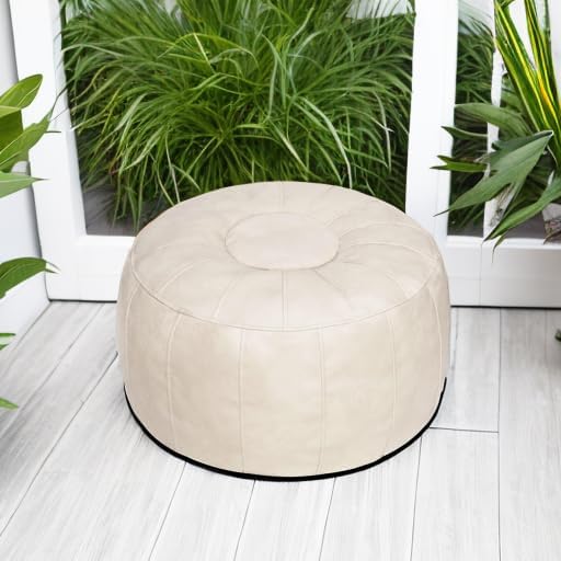 Thgonwid Unstuffed Moroccan Storage Pouf Foot Stool Ottoman Seat, No Filler Included, Handmade Faux Leather Bean Bag Floor Chair Foot Rest for Living Room, Bedroom or Balcony, Ivory White