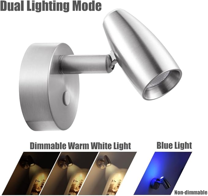 RV Reading Light 12V Swivel LED Spotlight with Quick USB Charger & Blue Nightlight, Camper Van Travel Trailer Bedroom Reading Light,3-1/2" Length,12-24VDC Hard-Wired (Brushed Nickel)