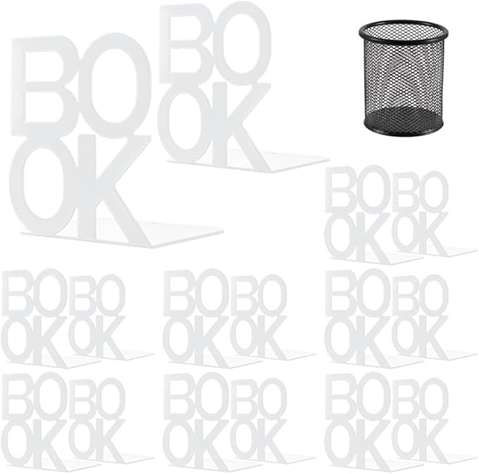 Book Ends - Decorative Metal Book Ends Supports for Bookrack Desk,Books, Unique Appearance Design,Heavy Duty (White, 8 Pair)