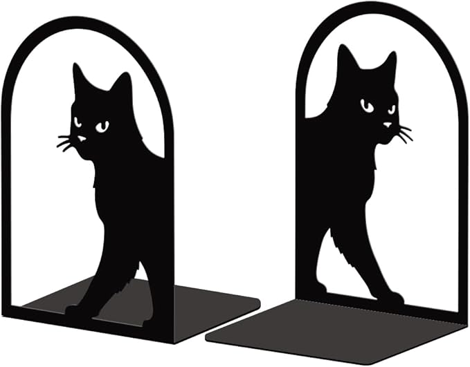 Peacoblue Metal Bookends for Shelves, Modern Decorative Heavy Duty Study Book Support Stoppers for Office, Desk, Shelf, Room 5.3"x4.3"x7.9" Cast Iron Simple Tall Bookends, 1 Pair (Cute Cat)
