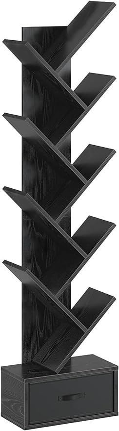 Rolanstar Bookshelf with Drawer,9 Shelf Tree Bookshelf,Retro Bookcase,Wooden Storage Rack for CDs/Movies/Books, Utility Organizer Shelves for Bedroom, Living Room, Home Office