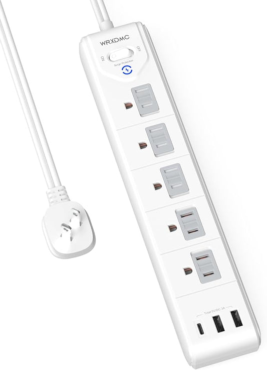 2 Prong Power Strip, WRXDMC 2 Prong to 3 Prong Outlet Adapter, 5ft Extension Cord with Polarized Plug, 1680J Surge Protector, 5 AC Outlets & 3 USB, Wall Mountable, Ideal for Non-Grounded Outlets