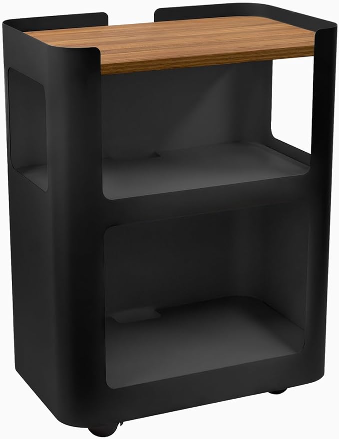 Desky Minimal Open Mobile Pedestal – 3-Tier Open Storage Cabinet with Hidden Swivel Casters and Integrated Cable Management, Black Frame/Prime Oak