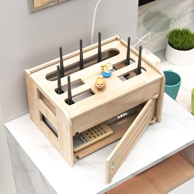 Cable Organizer Box Solid Wood Router Storage Box Wall-Mounted WiFi cat Plug-in Wire Board Placement Shelf Desktop Set-top Box Rack Cable Management Box (Size : S)