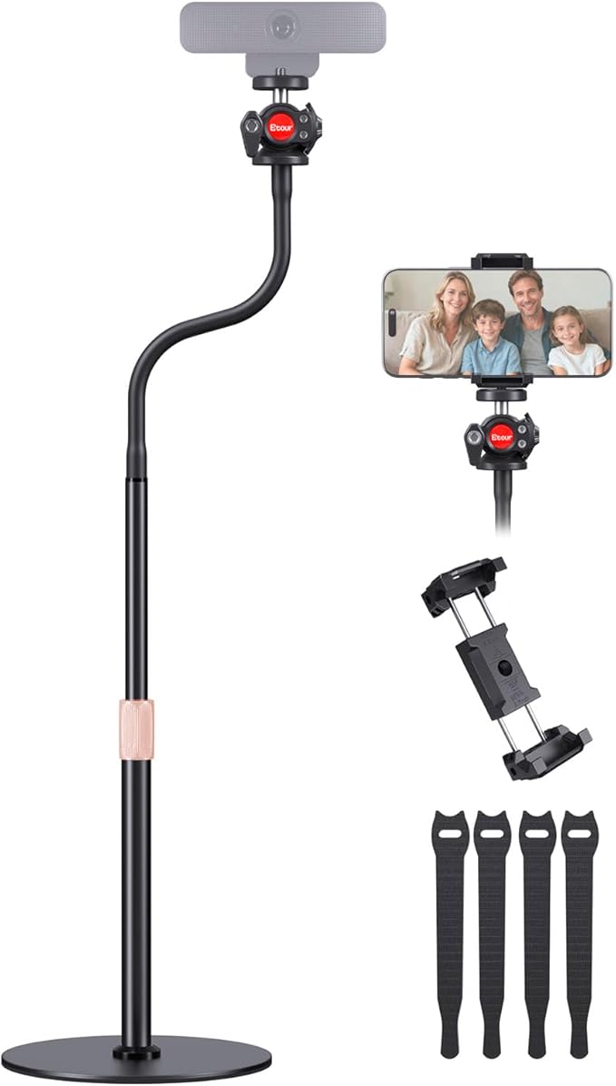 Webcam Tripod Stand with Phone Holder, Gooseneck Arm with 360° Ballhead for Desktop & Overhead Recording, Compatible with Logitech Cam C920 C922 C930e C960 C615 BRIO NexiGo N60 with 1/4'' Thread