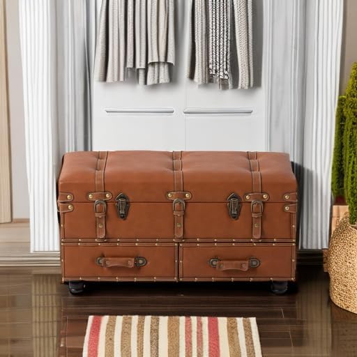COZAYH Vintage Mid-Century Faux Leather Storage Ottoman Accent Bench - Upholstered Padded Chest for Entryway, Bedroom, Living Room, Tan