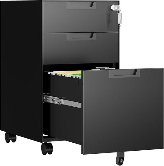 3 Drawer File Cabinet with Lock, Fully Assembled Metal Mobile Filing Cabinets for Home Office, Small Rolling File Caninet on Wheels for Legal/Letter / A4 File, Black
