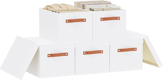 5 Pack Storage Baskets, Storage Boxes with Lids, Closet Organizers with Handles for Shoes Towels Books, White, 16.5 x 11.8 x 10.2 Inch