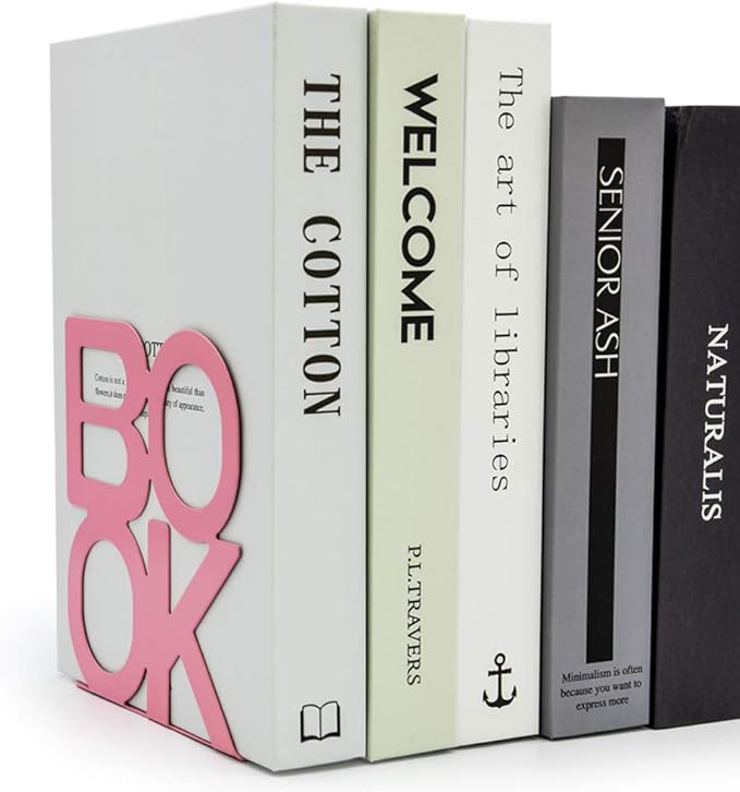 Book Ends - Decorative Metal Book Ends Supports for Bookrack Desk,Books, Unique Appearance Design,Heavy Duty (Pink, 8 Pair)