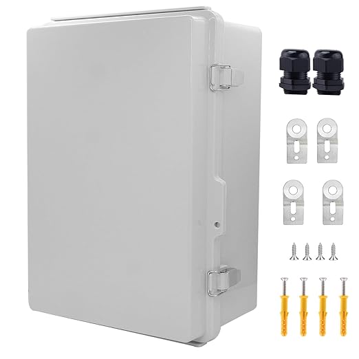 IP67 Waterproof Junction Box, ABS Plastic Electrical Enclosure with Stainless Steel Latch, Hinged Cover Electric Box with Mounting Plate, Wall Brackets & Cable Glands 370x270x150