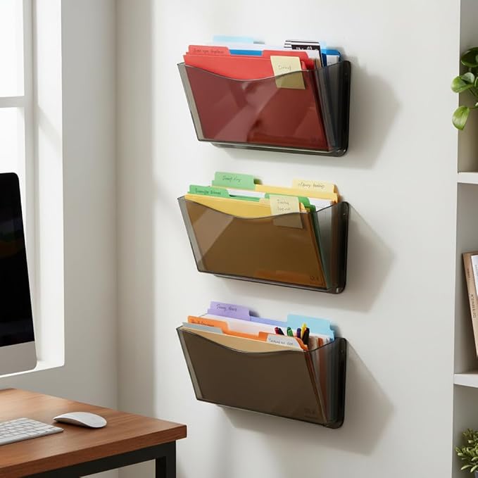 Azar Displays 250045-SMK Plastic Wall Mount File Holder with Magnets Smoke Colored, 4-Pack