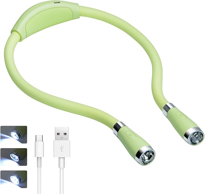 LED Neck Book Light, Reading Light, USB-C Rechargeable, Hands Free, 4 Super Bright LED Bulbs, 3 Adjustable Brightness, Best for Reading in Bed, Knitting, Walking, Jogging, Mending (Green)