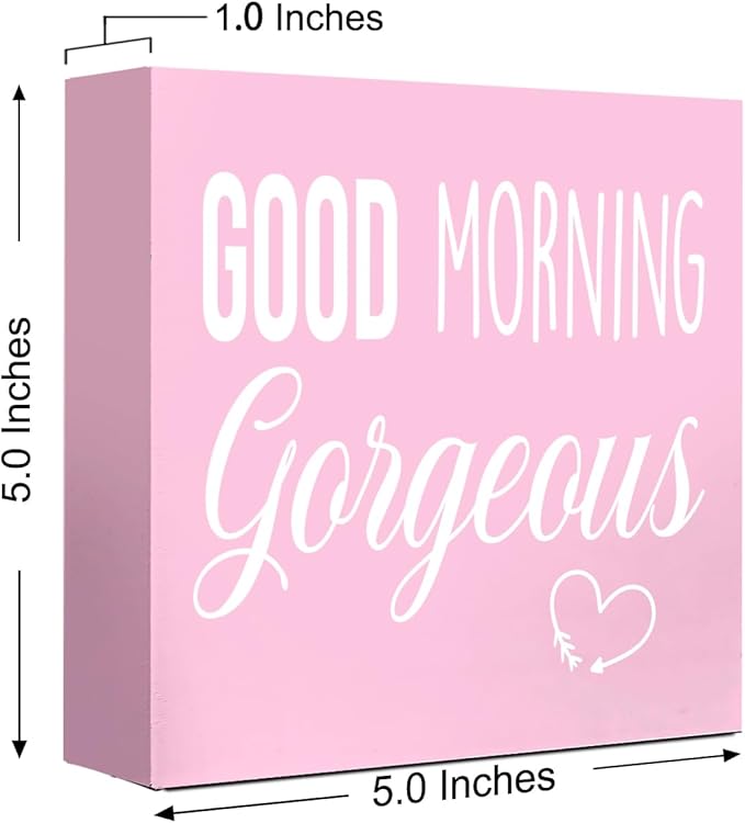 LVQHI Pink Decor For Desk, Good Morning Gorgeous Sign Wood Box,Inspirational Desk Decor For Women, Small Motivational Home Bedroom Table Accessories Decoration Signs 5"x5"x1.2" In