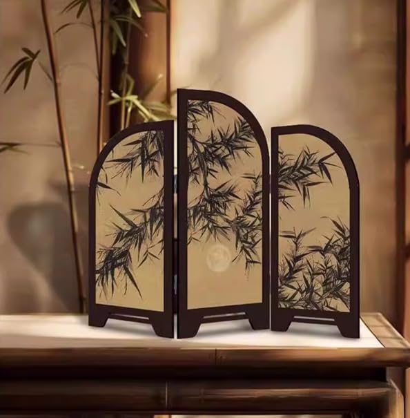 Table Screen,3 Panel Divider Desk Screen,Small Chinese Traditional Decoration,Mini Desktop Feng Shui Ornaments or Home Office New Year Decoration,Oriental Gift, Business Gift
