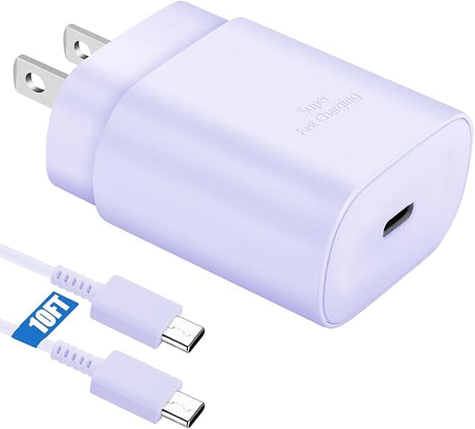 25W Super Fast Charging Cord Type C Block &10Ft USB C Android Phone Charger Cable for Samsung Galaxy S26/S25/S24 Ultra/S24/S24+/S23 Ultra/S23/S23+/S22/S22 Ultra/S22+/S21Ultra/S20 Ultra/Note 20/10