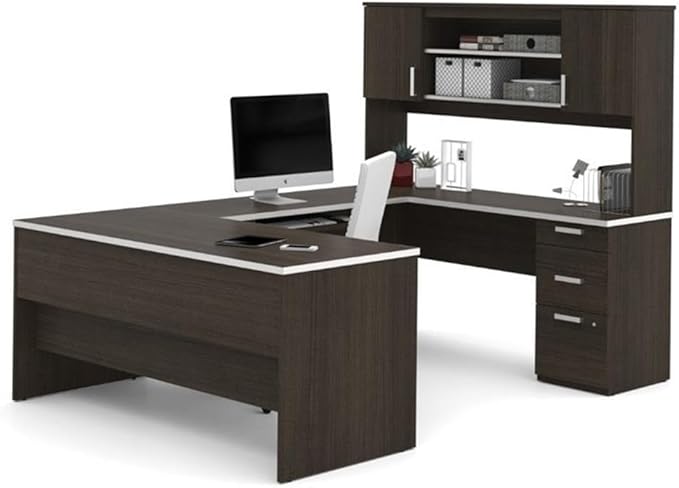 Pemberly Row U-Shaped Computer Desk, Dark Chocolate Finish, 93.6 in x 65 in x 65.9 in, Durable Melamine Surface, Hutch Storage, Lockable File Drawer, Keyboard Tray, Reversible Office Desk