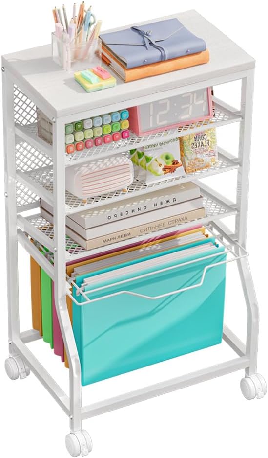 INGIORDAR 5-Tier Rolling File Cart, Under Desk Storage Organizer with Lockable Wheels & Mesh Sliding Trays, Multi-Functional Mobile Utility Cart for Office, Home, School, White