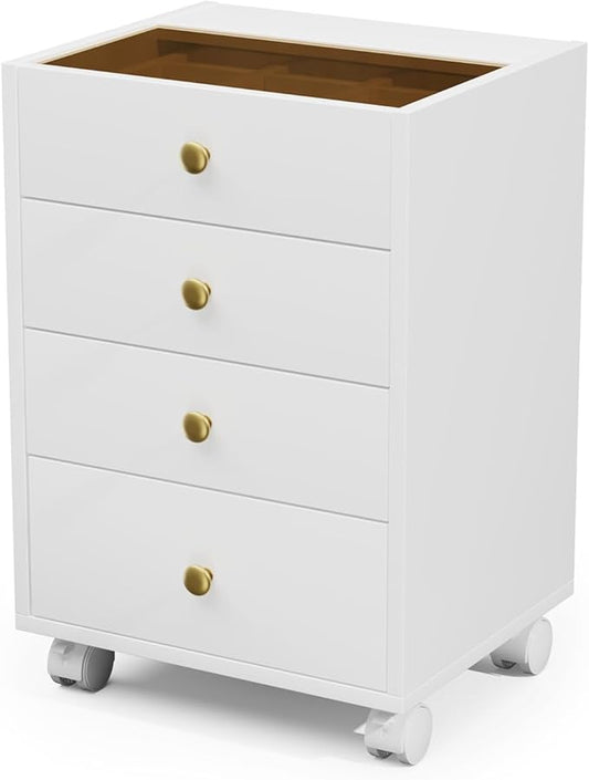 JanlyHome Under Desk Storage, 4 Drawer Small File Cabinet, Chest of Drawer with Glass Top, Mobile Printer Stand with Lockable Wheels for Home Office Study, White