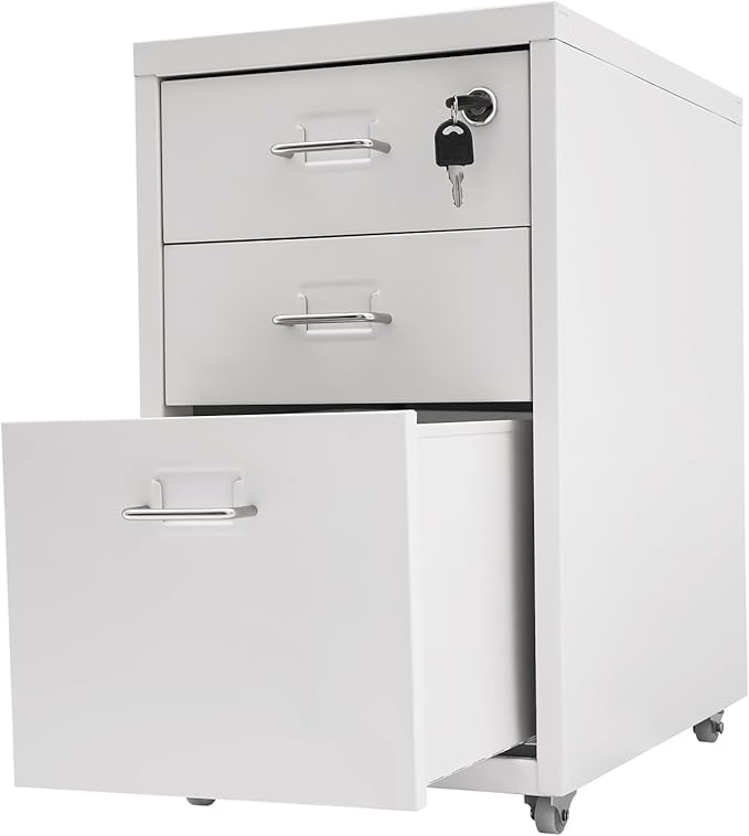 3 Drawer Mobile File Cabinet with Lock, Under Desk Rolling Filing Cabinets with Tag Jacks, Lockable Vertical File Cabinet for Home Office, Easy Assembly (White)