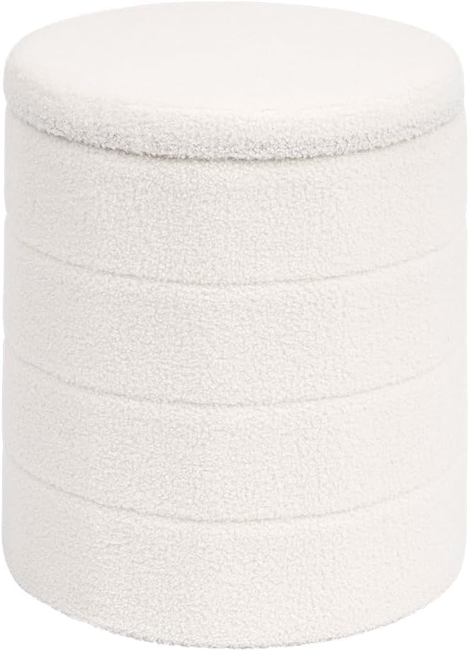 Round Boucle Storage Ottoman, Sherpa Teddy Fabric Ottoman Footstool with Reversible Tray Lid, Folding Footrest with Storage for Living Room, Bedroom, Dorm, White, 14.6" x 14.6" x 17.7"