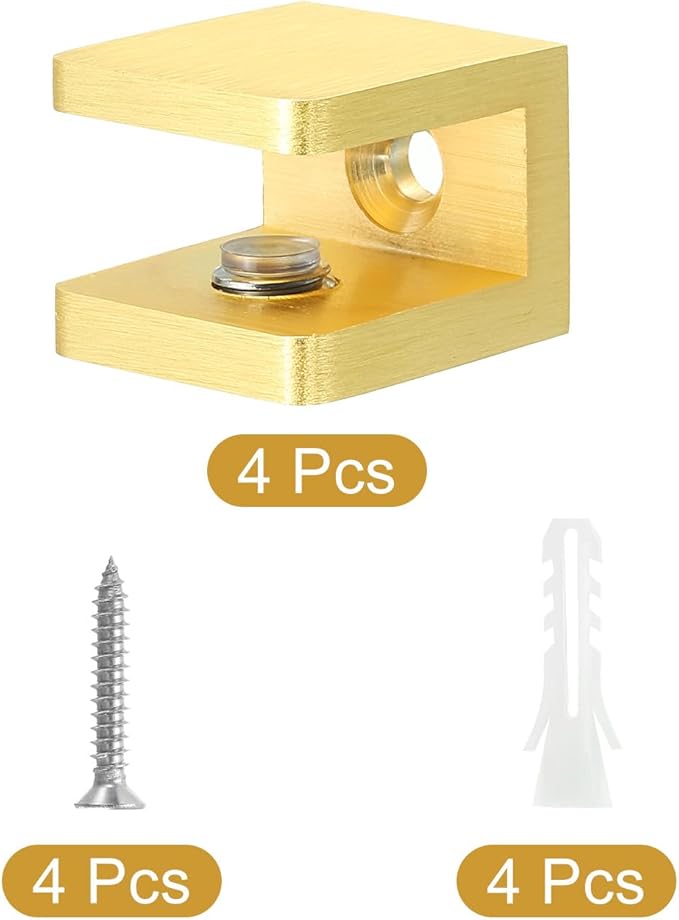 uxcell Glass Shelf Clamp, 4Pcs Brass Glass Clamp for 8-10mm Thick Glass, Adjustable Glass Shelf Bracket Support Holder, Gold