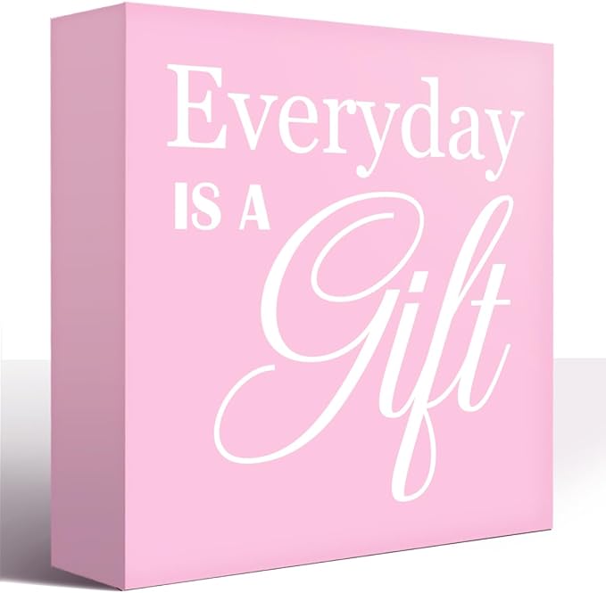 LVQHI Pink Office Desk Accessories, Everyday Is A Gift Sign Wood Box, Inspirational Desk Decor For Hr Women, Small Encouraging Office Cubicle Table Decoration Signs Wall Decor 5"x5"x1.2" In