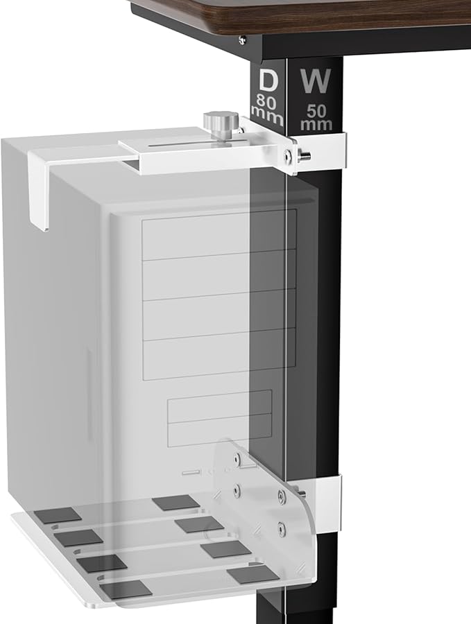 Under Desk PC Mount - No Drilling 40 lb Capacity, CPU Holder Under Desk, Adjustable Height and Width, Clamp-on Desk Leg PC Mount for Standing Desk (Fits 80mm×50mm Legs only), with Non-Slip Pads, White