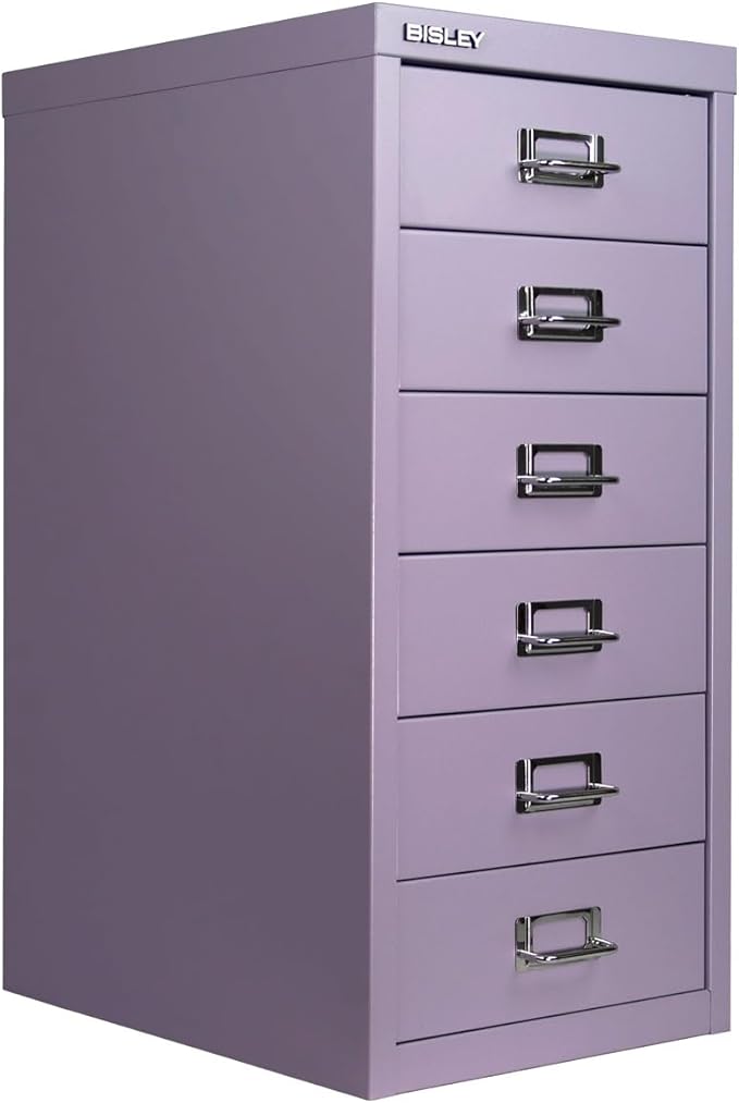 Bisley 6-Drawer Steel MultiDrawer Cabinet - Lilac, Chrome Pull Handles with Label Holders, Powder-Coated Steel, Removable Drawers, Fits Under Most Desks, Labels Included