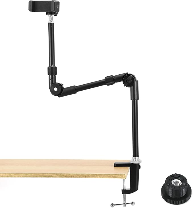 QWORK 25" Webcam Stand Camera Mount with Phone Holder, Gooseneck Camera Stand Desk Clamp & 5/8" Screw for Action Cameras, Projectors