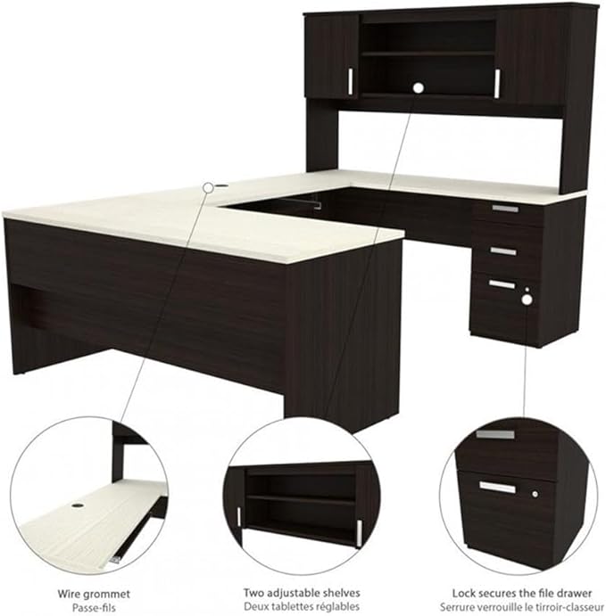 Pemberly Row U Shaped Computer Desk, 65" W x 93.6" D x 65.9" H, Melamine and Particle Board, Dark and White Chocolate Finish, Built-in File Cabinet, Hutch Storage, Reversible Configuration for Home